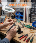 Four Piece Helping Hands Soldering Tool Set with Flexible Arms and Alligator Clips in use for DIY electronics.