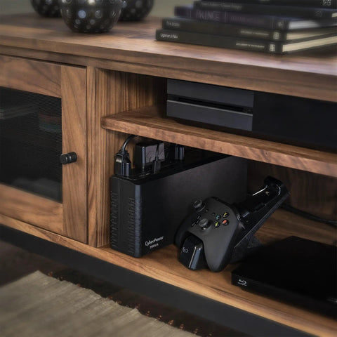 Slim Profile 750VA 450W Standby UPS With Simulated Sine Wave Backup Power, Eight NEMA Outlets, under a wooden shelf