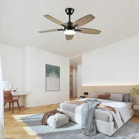 Neojoyoenix 42" 5PCS Plywood Blades Ceiling Fan with Lights Remote Control,Quiet DC Motor s 6 Speed Levels,Reversible,for Patio Living Room, Bedroom, Office,Indoor.(Matte Black) in modern bedroom interior.
