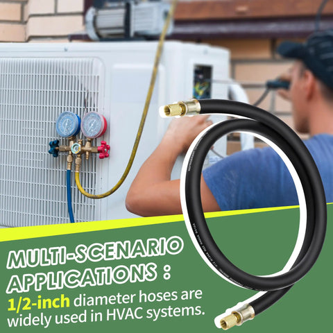 Half Inch HVAC Vacuum Hose With Three Eighths Inch Fittings Six Feet Long High Flow Refrigerant Evacuation Line shown near HVAC system