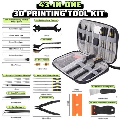 43 Piece 3D Printer Tools Kit For All FDM And SLA Printers With Nozzle Cleaning Tools Removal Scrapers and more in a storage bag