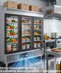 Top Shelf Heavy Duty Commercial Reach In Refrigerator With Three Glass Doors And Seventy Two Cubic Feet Of Stainless Steel Upright Merchandiser in a kitchen with various food items displayed.