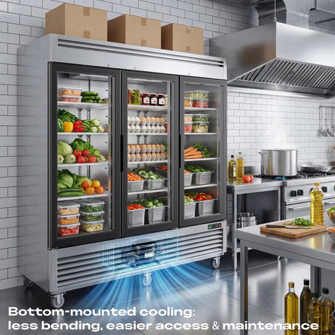 Top Shelf Heavy Duty Commercial Reach In Refrigerator With Three Glass Doors And Seventy Two Cubic Feet Of Stainless Steel Upright Merchandiser in a kitchen with various food items displayed.