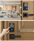 Keyless Entry Door Lock With Two Lever Handles, Fingerprint Entry Handleset, Digital Keypad Deadbolt With App, Auto Lock And One Touch Locking, Front Smart Door Handle Set, Black, No Fuss Easy To Use shown in use on a wooden door.