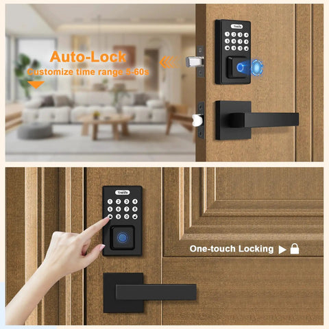 Keyless Entry Door Lock With Two Lever Handles, Fingerprint Entry Handleset, Digital Keypad Deadbolt With App, Auto Lock And One Touch Locking, Front Smart Door Handle Set, Black, No Fuss Easy To Use shown in use on a wooden door.
