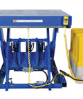 Heavy Duty Electric Hydraulic Scissor Lift Table With 48 By 48 Inch Deck And 10000 Lb Capacity showing control panel and hydraulic components