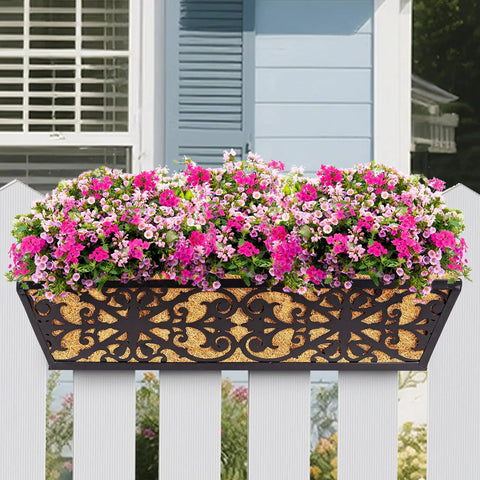 Two Pack 24 Inch Window Box Planters With Adjustable Brackets Coco Liners And Fabric Grow Bags For Deck Railing Balcony And Outdoor Garden Use Great For Sunlit Patios And Porches With Easy Mount Brackets And Durable Waterproof Finish on white fence