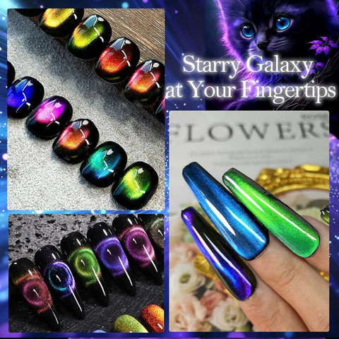 Cat Eye Gel Nail Polish Kit With Magnetic Stick 9D Dual Colors HEMA Free Galaxy Chameleon Effect UV LED Safe swatches on nails