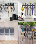 Wall Mounted Garage Tool Organizer Rack, 48 Inch Adjustable Heavy Duty Storage System For Garden And Yard Tools, Rake Shovel Broom Mop displayed on wall.