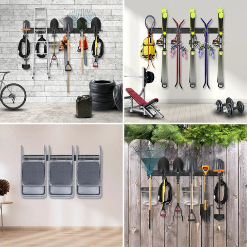 Wall Mounted Garage Tool Organizer Rack, 48 Inch Adjustable Heavy Duty Storage System For Garden And Yard Tools, Rake Shovel Broom Mop displayed on wall.