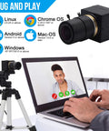 Ultra HD 8MP USB Camera With 2.8 To 12mm Varifocal Lens for Sharp Video on tripod next to laptop with video call