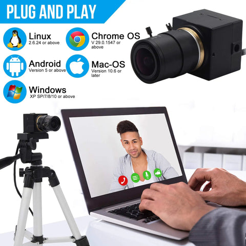 Ultra HD 8MP USB Camera With 2.8 To 12mm Varifocal Lens for Sharp Video on tripod next to laptop with video call