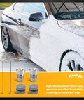 Car being washed with 1.1mm Foam Cannon Nozzle and Filter Mesh Kit for Pressure Washers Up To 3000 PSI Replacement Tips and Foam Maker Mesh 2 Pack With Cleaning Tools for Thick Rich Suds and Max Soap Savings, showing high-density mesh filters and silver nozzles.