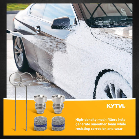 Car being washed with 1.1mm Foam Cannon Nozzle and Filter Mesh Kit for Pressure Washers Up To 3000 PSI Replacement Tips and Foam Maker Mesh 2 Pack With Cleaning Tools for Thick Rich Suds and Max Soap Savings, showing high-density mesh filters and silver nozzles.