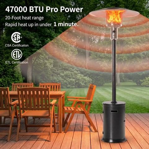 47000 BTU Outdoor Patio Heater With Round Table Design And Wheels Propane Gas Standing Heater With Double Layer 304 Stainless Steel Burner