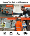Men Class 3 High Visibility Long Sleeve Safety Shirt Built Like A Tank For Job Sites With Heat Transfer Reflective Tape Ansi Certified Orange Workwear Crew Approved Night Shift Ready worn at an airport, construction site, warehouse, and for courier duties.