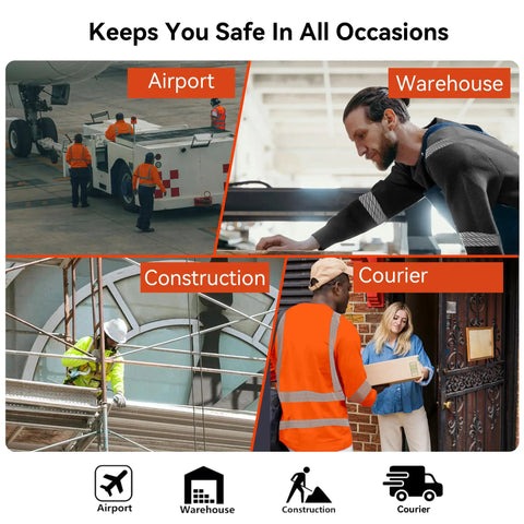 Men Class 3 High Visibility Long Sleeve Safety Shirt Built Like A Tank For Job Sites With Heat Transfer Reflective Tape Ansi Certified Orange Workwear Crew Approved Night Shift Ready worn at an airport, construction site, warehouse, and for courier duties.