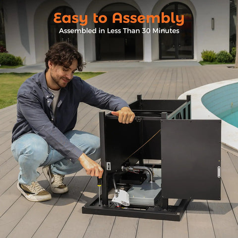 Man assembling 42 Inch Propane Fire Pit Table With Ceramic Top 2 In 1 Fire Table Turns Any Patio Into A Cozy Lounge Black Outdoor Gas Firepit.