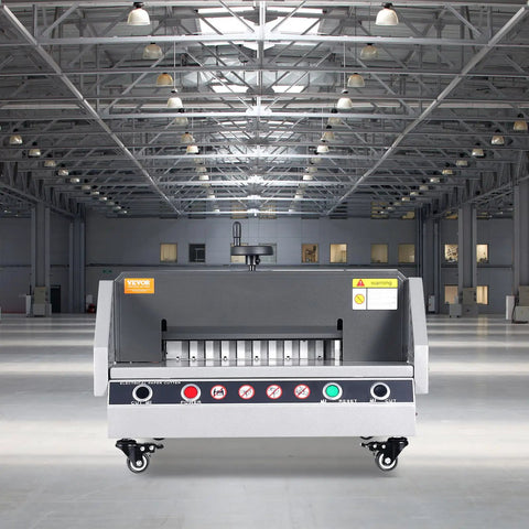 VEVOR 13 Inch Electric Paper Cutter, Desktop Trimming Blade Machine, control panel view in spacious office setting.