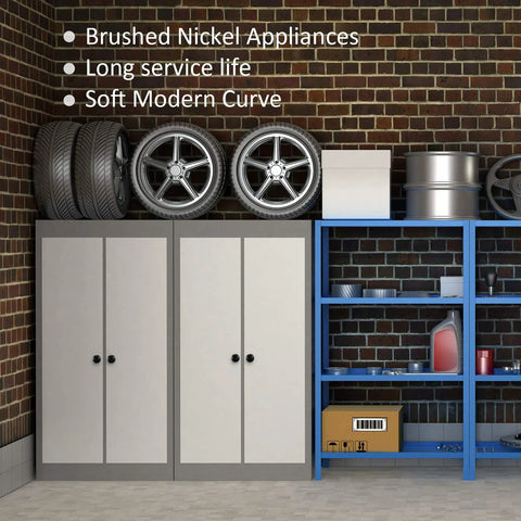 Garage with tires on cabinets, blue shelf, highlighting brushed nickel appliances and modern curve details.