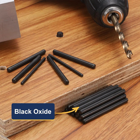 15 Pack 4mm By 30mm Black Oxidized Dowel Pins 304 Stainless Steel Cylindrical Shelf Pegs on wooden surface