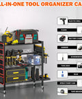 All In One Power Tool Organizer Cart With 4 Tier And Rolling Wheels, Heavy Duty Tool Storage Stand With Side Pockets And Drill Holder Layer