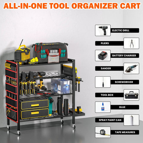 All In One Power Tool Organizer Cart With 4 Tier And Rolling Wheels, Heavy Duty Tool Storage Stand With Side Pockets And Drill Holder Layer
