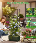 Self Watering Tomato Planter With Trellis And Water Level Indicator on patio with gardening tools in use