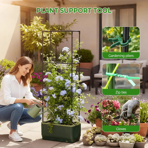 Self Watering Tomato Planter With Trellis And Water Level Indicator on patio with gardening tools in use