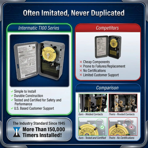 Top Shelf Mechanical Timer Switch DPST 208 To 277 Volt 24 Hour Manual Dial Type 3R Weather Sealed interior view with detailed comparison.