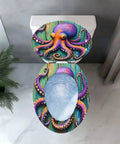 Octopus Toilet Seat Elongated Resin for Coastal Bathroom, top view with vibrant octopus design and colorful background.