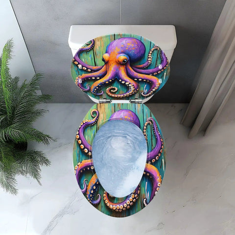 Octopus Toilet Seat Elongated Resin for Coastal Bathroom, top view with vibrant octopus design and colorful background.