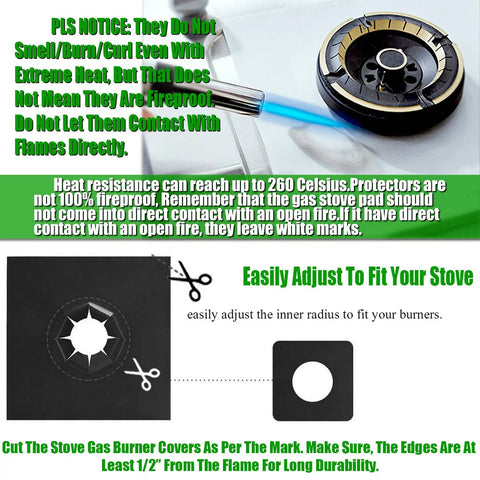 Double Thickness 0.3 mm Gas Stove Burner Covers 8 Pack Nonstick Reusable Liners being cut to fit stove burner
