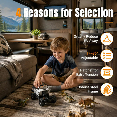 Take The Wobblies Straight Out Your Rig With Heavy Duty Rv Stabilizer Legs Using Ratchet Tension On I Beam Mounts For Smooth Anti Sway Camper Leveling And Serious Leg Hold Under Pressure, child playing with toy truck in RV.