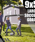 Family using 9x5 Feet Portable Kids Soccer Goal For Backyard Practice With Carry Bag Foldable Trapezoidal Frame Durable 420D Oxford Cloth Net