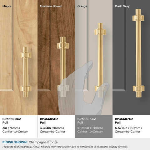 Display of Davenport Champagne Bronze Cabinet Pulls in various lengths and finishes, emphasizing the 5-1/16 in center-to-center model.