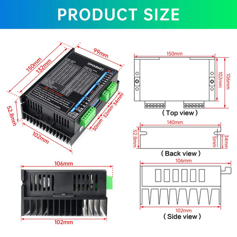 Product dimensions and diagrams of DMA860S Beast Mode 2 Phase Stepper Motor Driver for CNC Machines with 8.2A Max