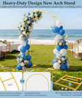 Beefy 7 Point 2 Foot By 4 Point 3 Foot Balloon Arch Stand Made Of Metal Pergola Arbors For Outdoor Gardens Climbing Plants Gold Wedding Arch For Party Decor A Wide Backdrop Arch That Stands Up To Heavy Use with blue and white balloons and flowers.