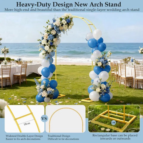 Beefy 7 Point 2 Foot By 4 Point 3 Foot Balloon Arch Stand Made Of Metal Pergola Arbors For Outdoor Gardens Climbing Plants Gold Wedding Arch For Party Decor A Wide Backdrop Arch That Stands Up To Heavy Use with blue and white balloons and flowers.