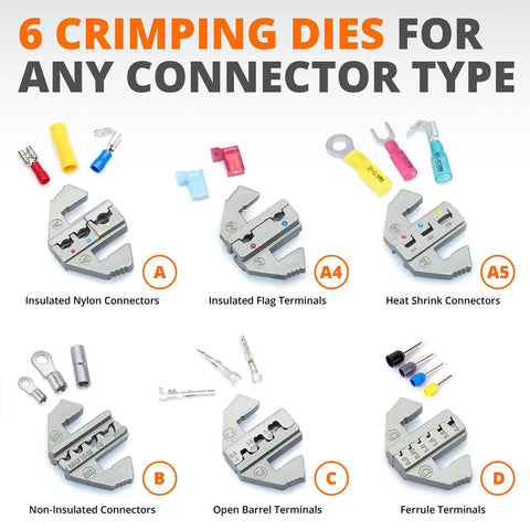 Pro Grade Crimping Tool Kit With Six Interchangeable Dies for Insulated, Non Insulated, Ferrule, Open Barrel, Flag Terminals