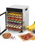 Heavy Duty Electric Food Dehydrator With 12 Detachable Trays And 1000W Dual Fan displaying dried fruits, vegetables, and jerky.