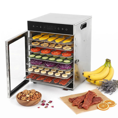 Heavy Duty Electric Food Dehydrator With 12 Detachable Trays And 1000W Dual Fan displaying dried fruits, vegetables, and jerky.