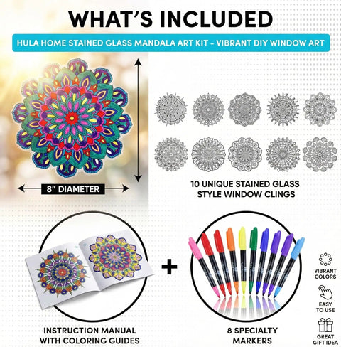 Stained Glass Mandala Art Kit For DIY Window Clings With Markers Ten Suncatchers showing contents and design examples