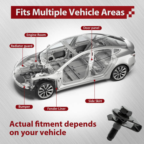 Diagram of car body showing areas where 50 Pcs M6x1.0 Automotive Body Bolts And U Nut Clips Kit can be used, with bolt and clip shown.