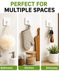 Heavy Duty Adhesive Hooks With 360 Degree Swivel Nail Free Wall Ceiling Mount Rotating Rack For Bathroom Kitchen Decor Tools No Drilling Peel Stick High Capacity Strong Support holding items in bathroom, kitchen, and entryway.