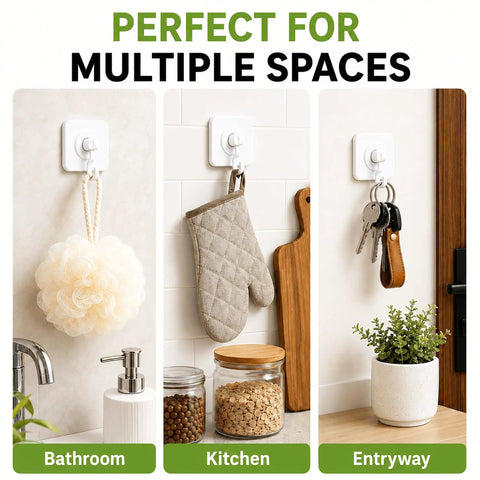 Heavy Duty Adhesive Hooks With 360 Degree Swivel Nail Free Wall Ceiling Mount Rotating Rack For Bathroom Kitchen Decor Tools No Drilling Peel Stick High Capacity Strong Support holding items in bathroom, kitchen, and entryway.