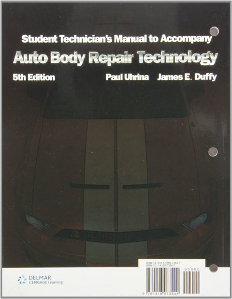Cover of "Auto Body Repair Technology 5th Edition Student Edition" guidebook featuring a car image and author names, Paul Uhrina and James E. Duffy.