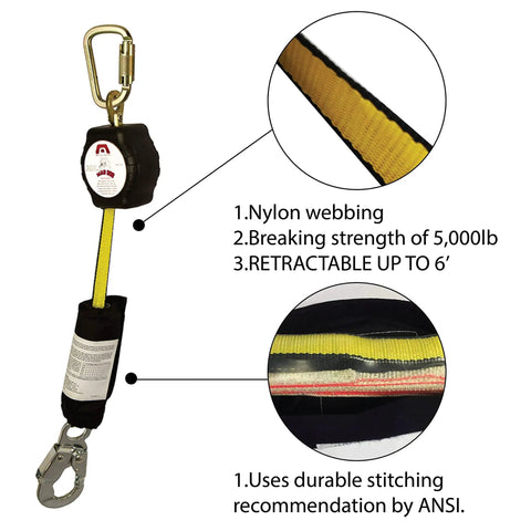 Self Retracting Fall Protection Lanyard With Six Foot Reach Internal Shock Absorber Expands 42 Inches To Cut Impact Under 900 Lbs