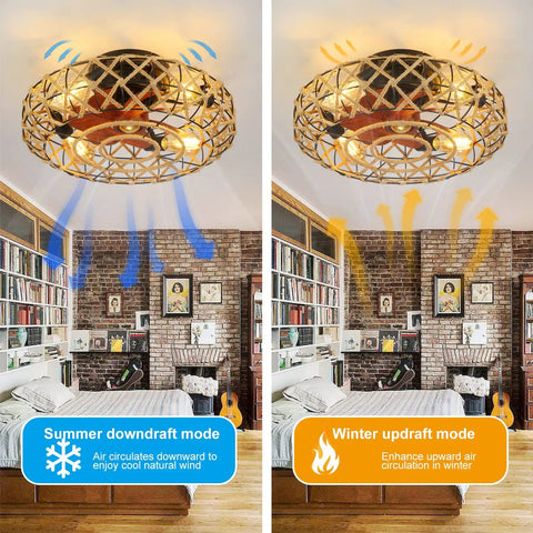 21 Inch Caged Farmhouse Ceiling Fan With Lights Remote Control, illustrating summer downdraft and winter updraft modes