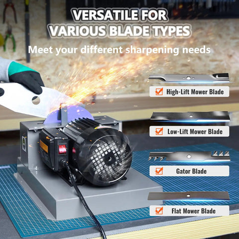 Commercial Electric Lawn Mower Blade Sharpener with sturdy bench grinder sharpening various mower blades with sparks.